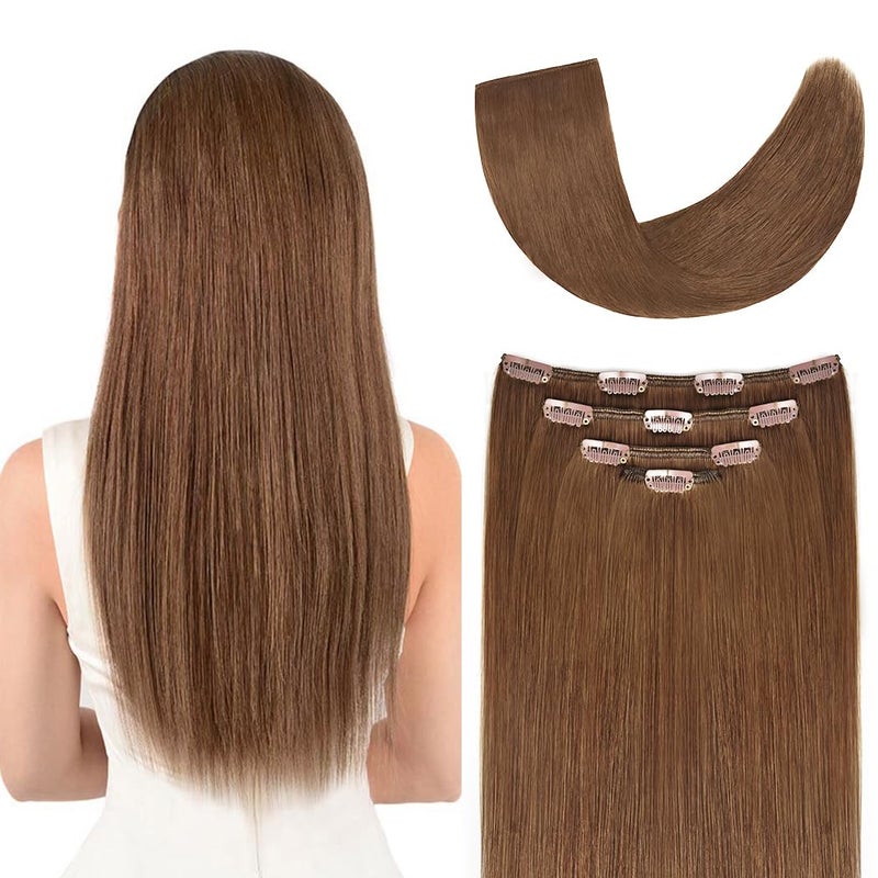 Winsky 20" Clip in Hair Extensions Remy Human Hair for Women - Silky Straight Long Human Hair Clip on Extensions 75grams 4pieces Ash Brown Color - Image 1